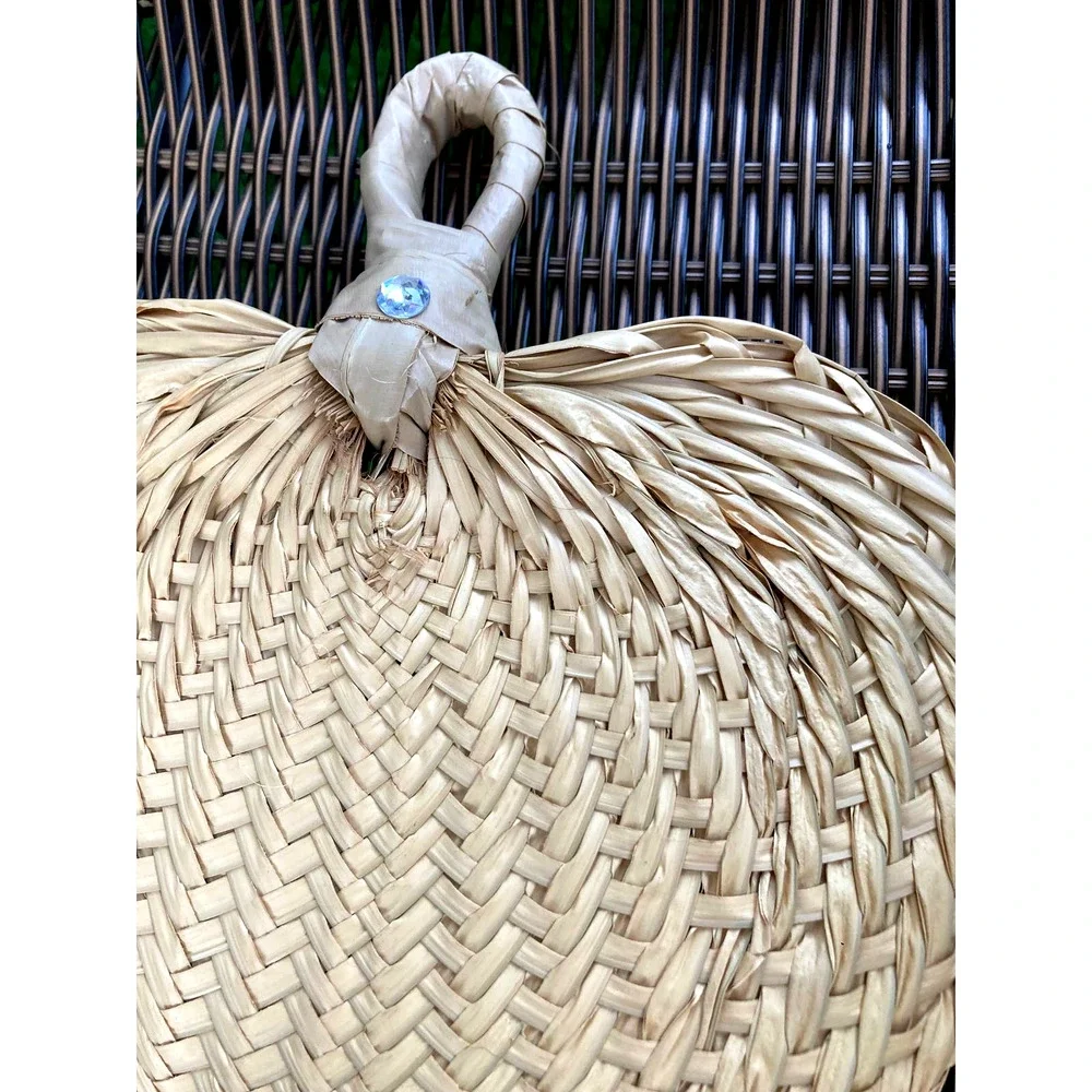 Vintage Boho Woven Raffia Fan w/ Rhinestone - Heart Shaped - Leaf Wall Decor